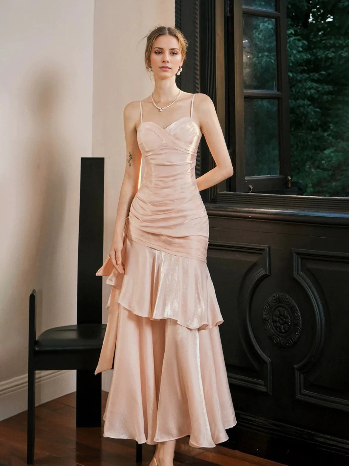 A-Line/Princess Spaghetti Straps Sleeveless Ankle-Length Prom Dresses with Ruffles