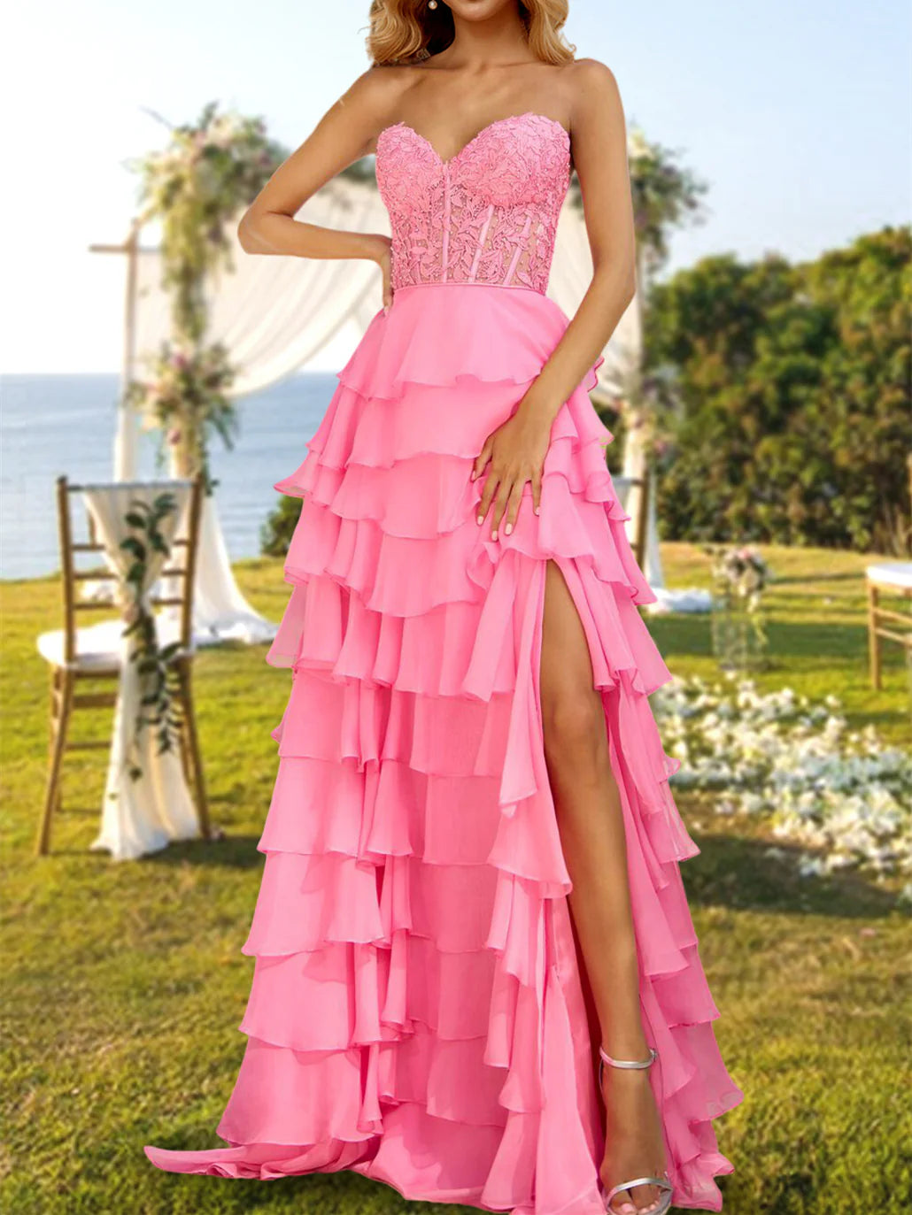 A-Line/Princess Strapless Crisscross Back Floor-Length Evening Dress with Sequins Split Side