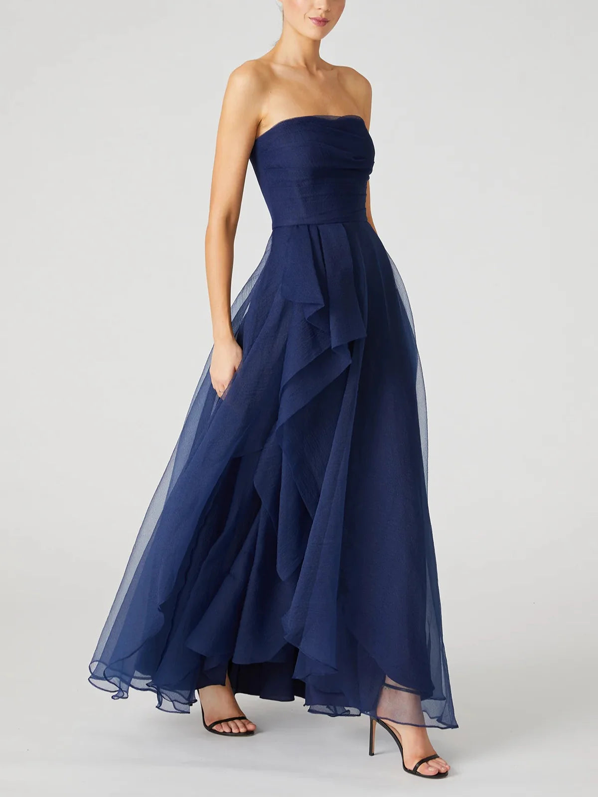 A-Line/Princess Strapless Sleeveless Ankle-Length Prom Dress with Ruffles