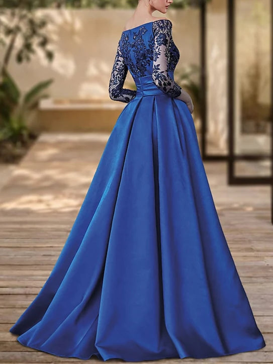 A-Line/Princess V-Neck Long Sleeves Back Zip Floor-Length Side Slit Evening Dresses
