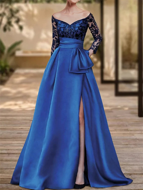 A-Line/Princess V-Neck Long Sleeves Back Zip Floor-Length Side Slit Evening Dresses