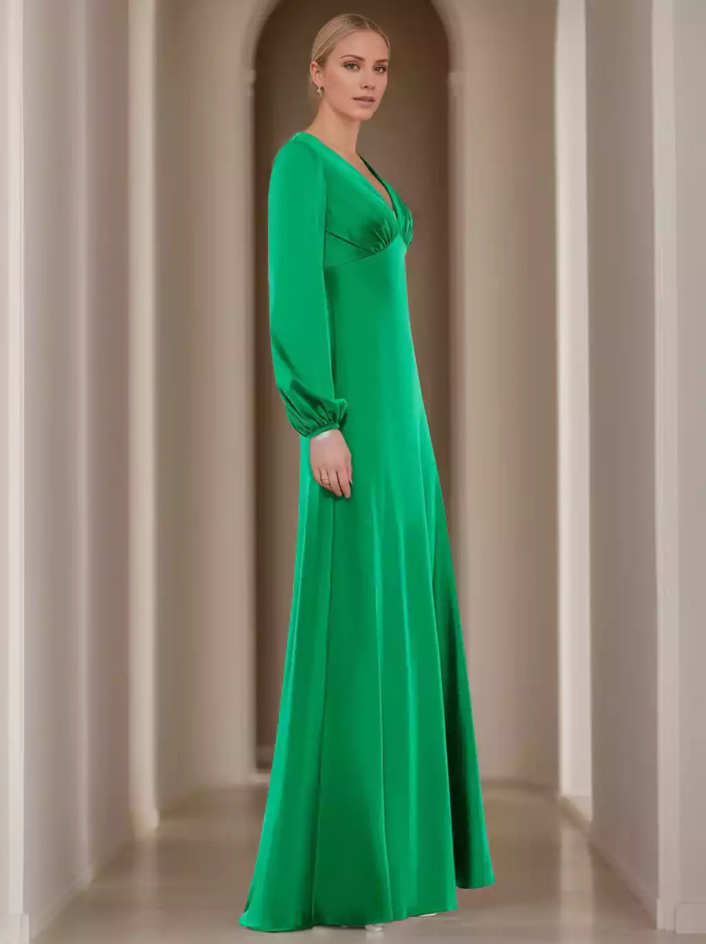 A-Line Princess V-Neck Long Sleeves Floor-Length with Ruffles Mother of the Bride Dresses