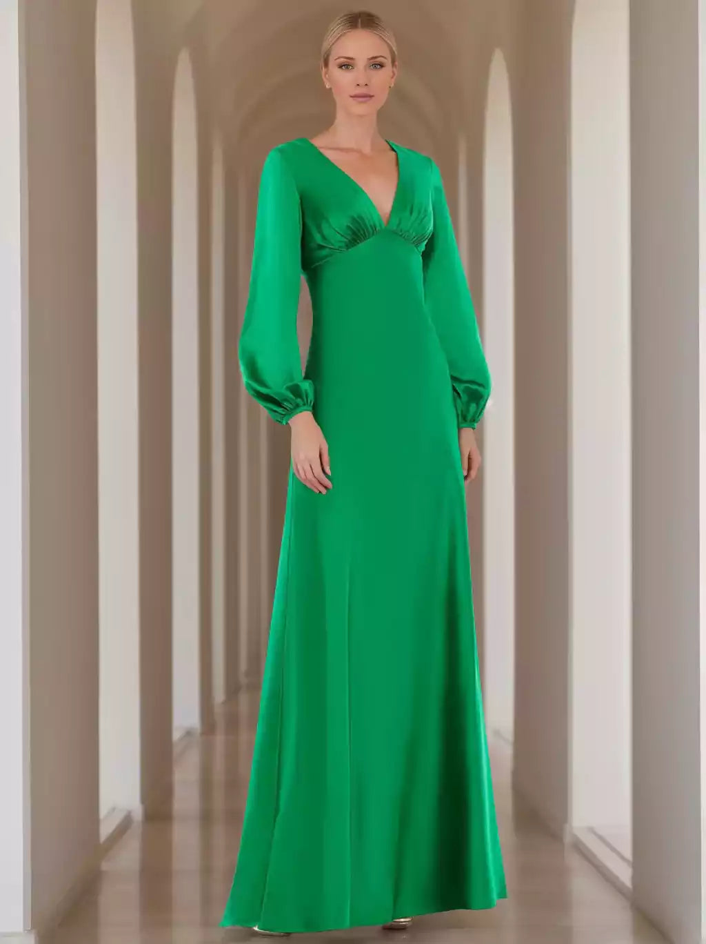 A-Line Princess V-Neck Long Sleeves Floor-Length with Ruffles Mother of the Bride Dresses
