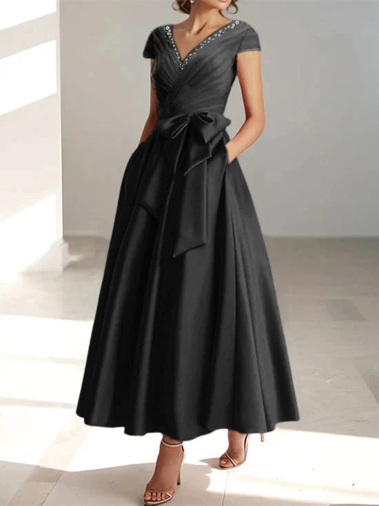 A-Line/Princess V-Neck Short Sleeves Ankle-Length Mother of the Bride Dresses With Ruffles