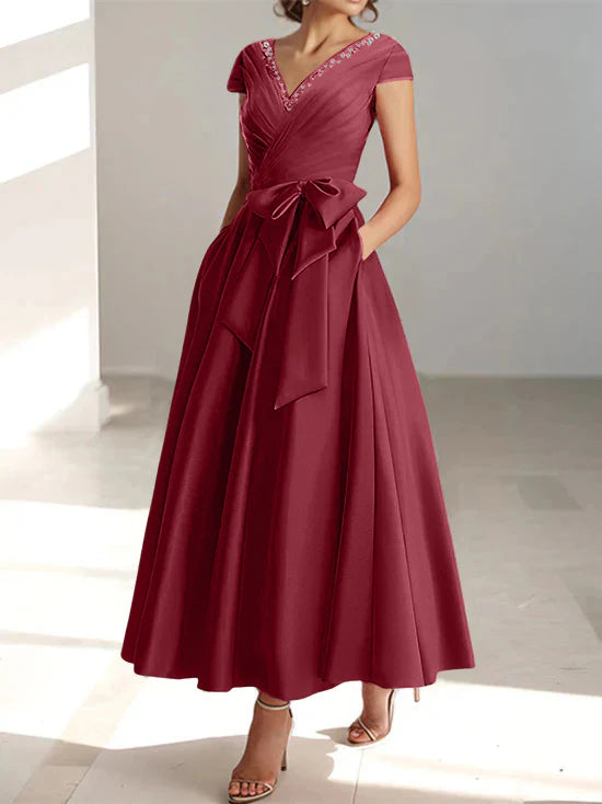 A-Line/Princess V-Neck Short Sleeves Ankle-Length Mother of the Bride Dresses With Ruffles