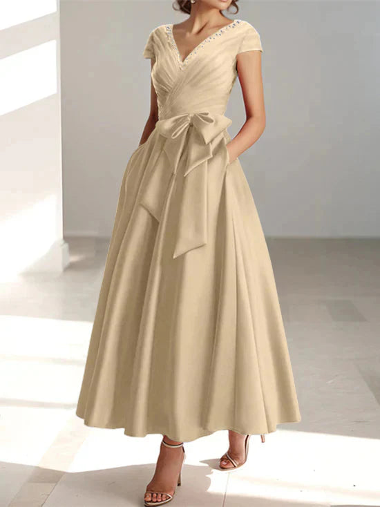 A-Line/Princess V-Neck Short Sleeves Ankle-Length Mother of the Bride Dresses With Ruffles