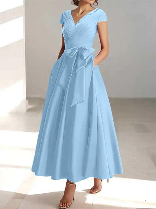A-Line/Princess V-Neck Short Sleeves Ankle-Length Mother of the Bride Dresses With Ruffles