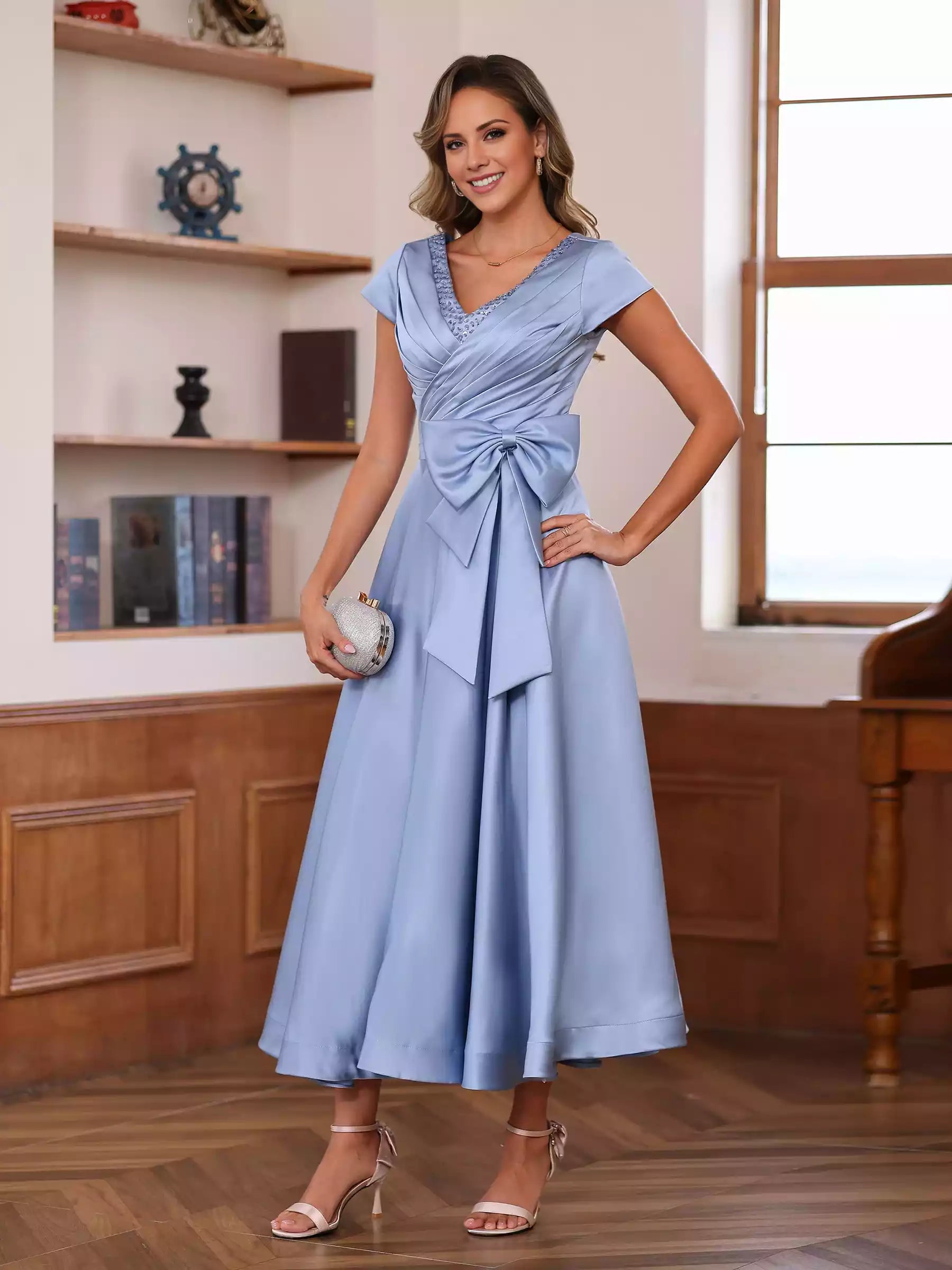 A-Line Princess V-Neck Short Sleeves Ankle-Length Ruffles Mother of the Bride Dresses