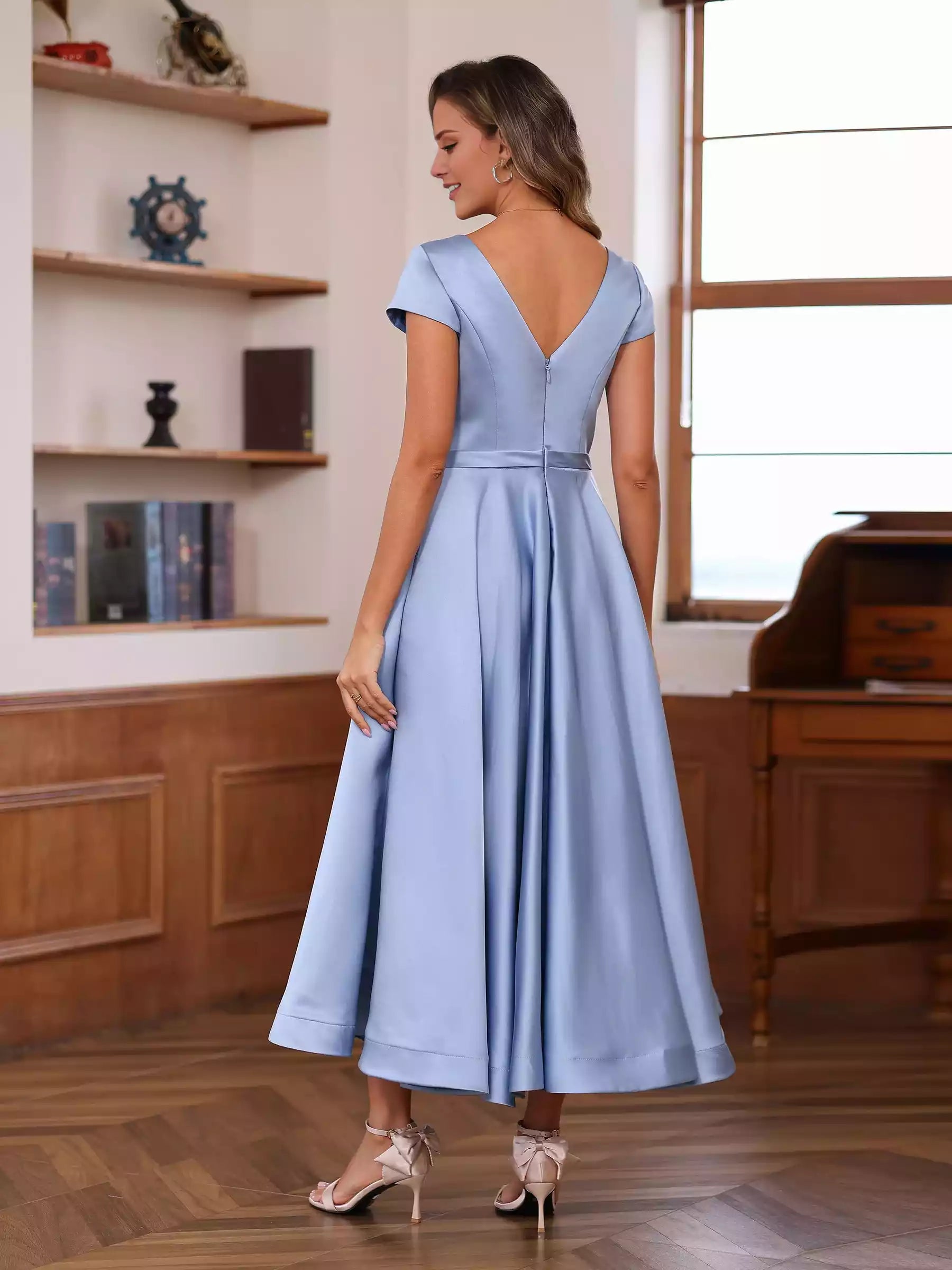 A-Line Princess V-Neck Short Sleeves Ankle-Length Ruffles Mother of the Bride Dresses
