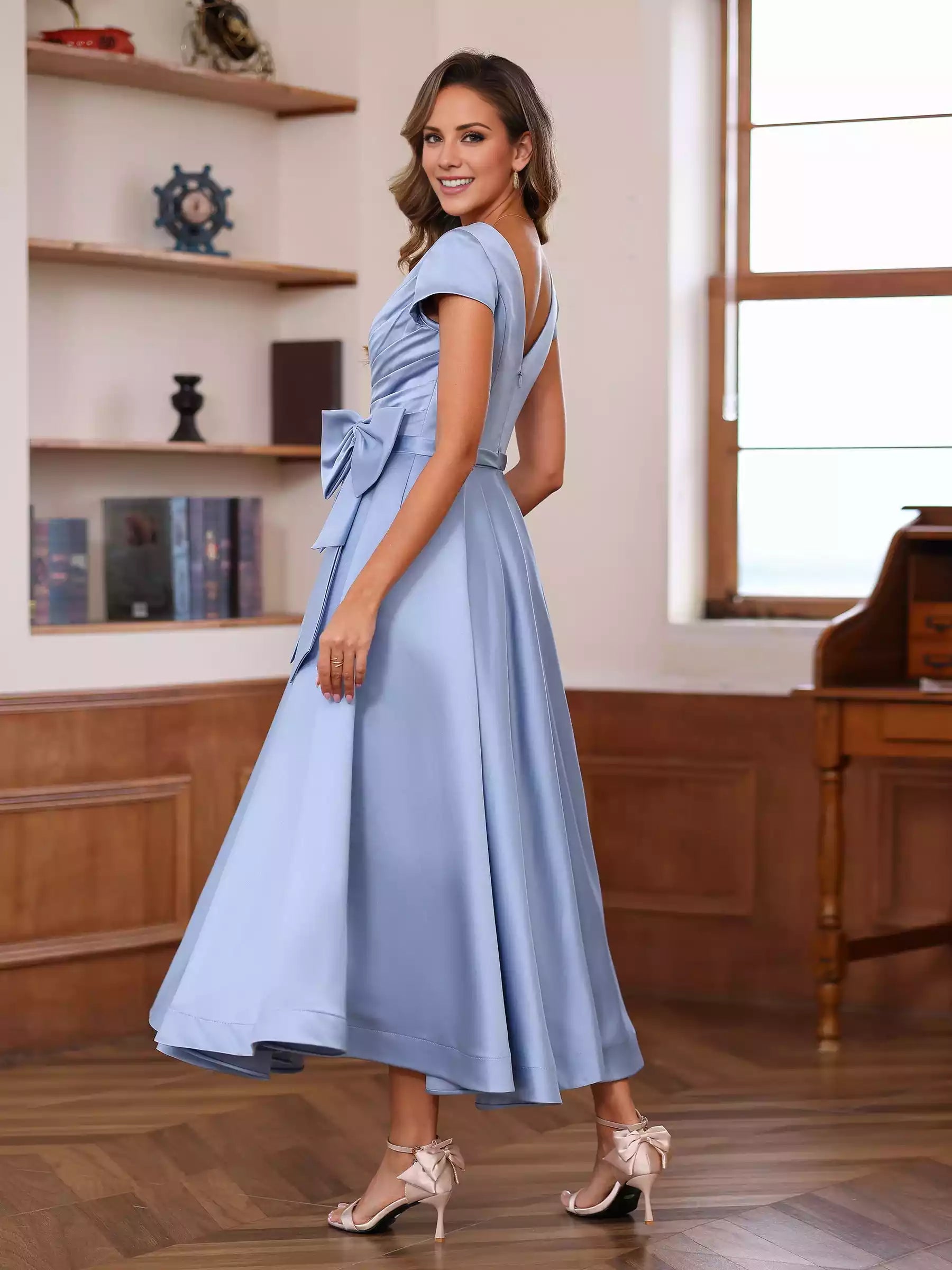 A-Line Princess V-Neck Short Sleeves Ankle-Length Ruffles Mother of the Bride Dresses