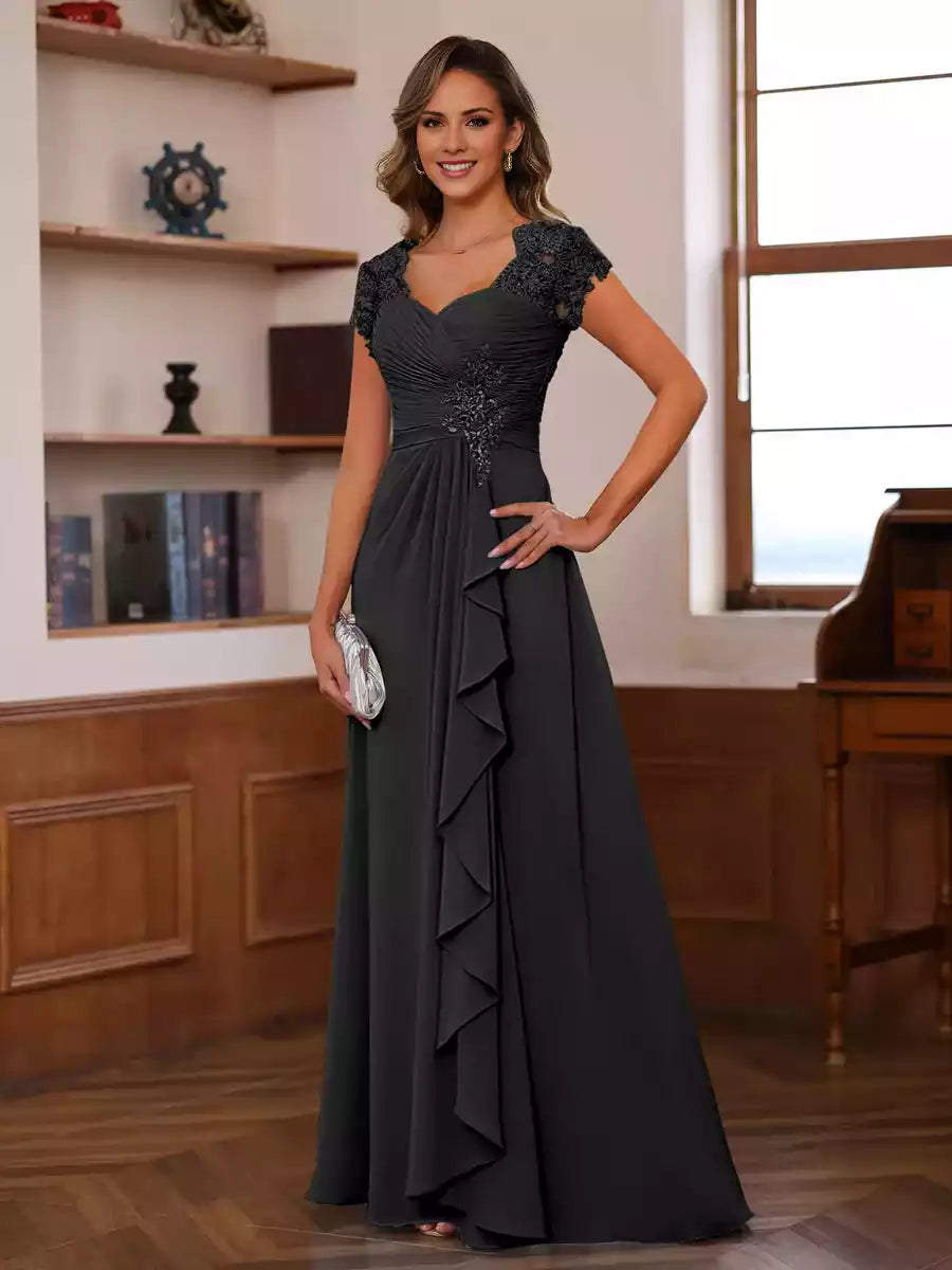 A-Line Princess V-Neck Short Sleeves Groom Dresses with Ruffles Appliques Mother of the Bride Dress