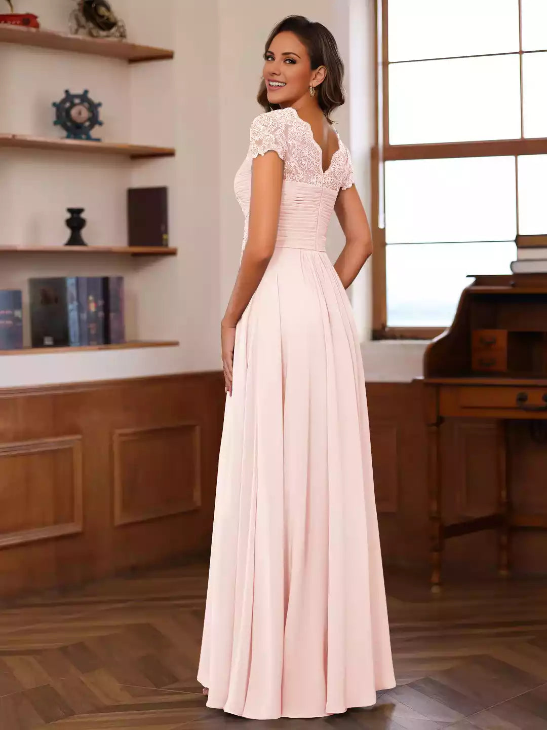 A-Line Princess V-Neck Short Sleeves Groom Dresses with Ruffles Appliques Mother of the Bride Dress