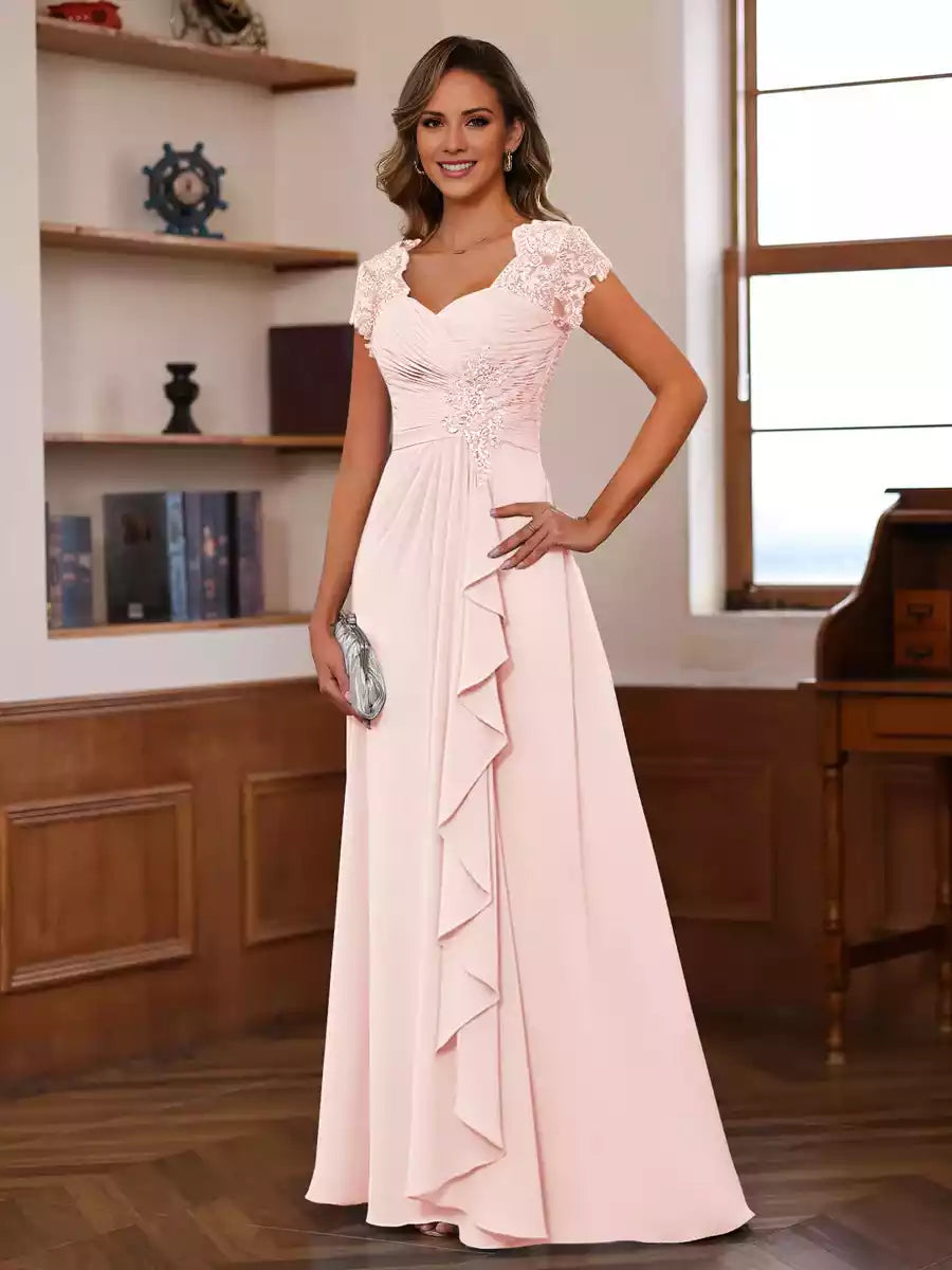 A-Line Princess V-Neck Short Sleeves Groom Dresses with Ruffles Appliques Mother of the Bride Dress