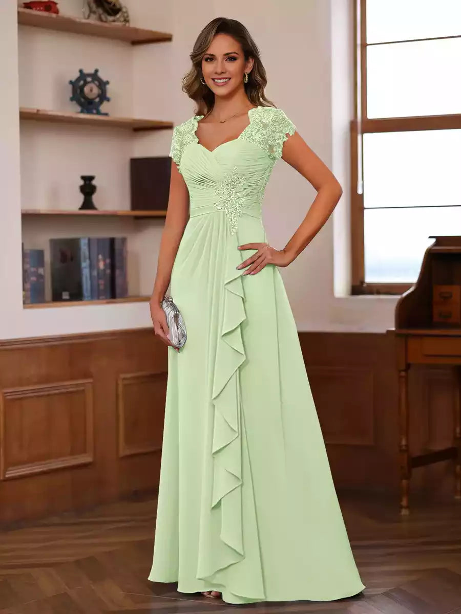 A-Line Princess V-Neck Short Sleeves Groom Dresses with Ruffles Appliques Mother of the Bride Dress