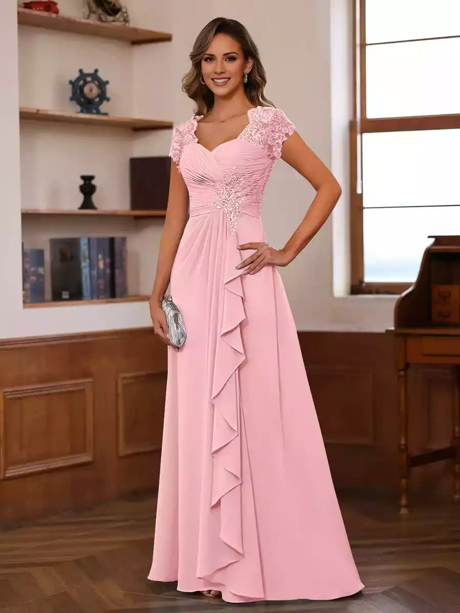 A-Line Princess V-Neck Short Sleeves Groom Dresses with Ruffles Appliques Mother of the Bride Dress