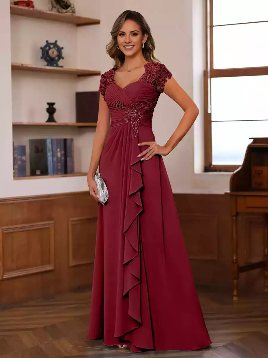 A-Line Princess V-Neck Short Sleeves Groom Dresses with Ruffles Appliques Mother of the Bride Dress