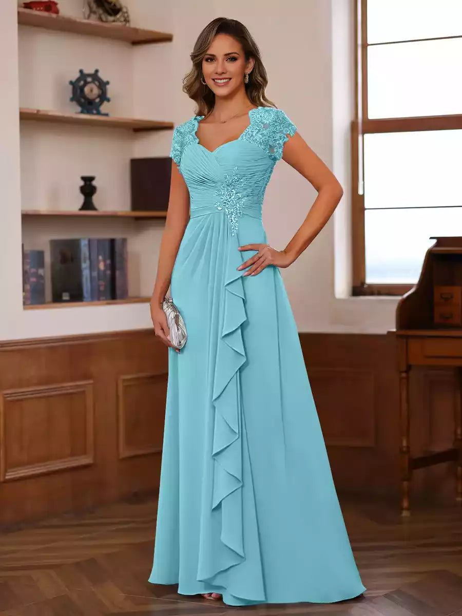 A-Line Princess V-Neck Short Sleeves Groom Dresses with Ruffles Appliques Mother of the Bride Dress