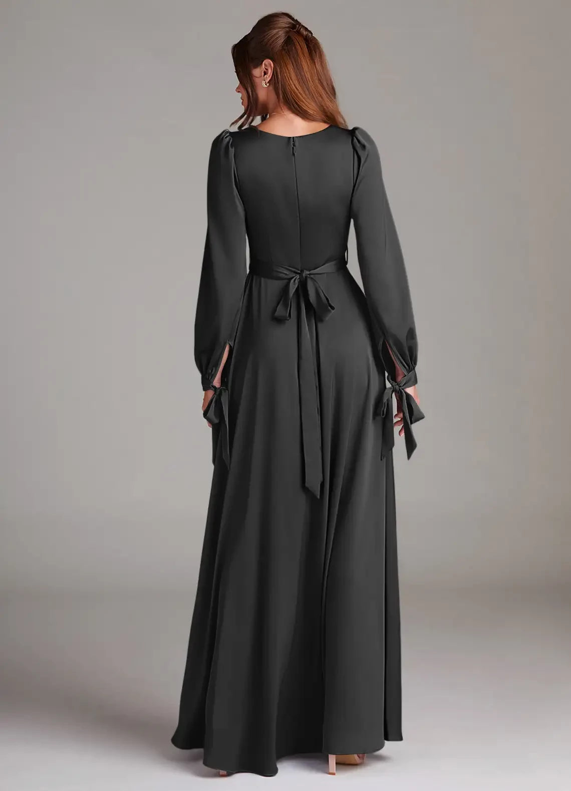 A-Line Square Neck Floor-Length Long Sleeve Satin Evening Dresses for female guests buy