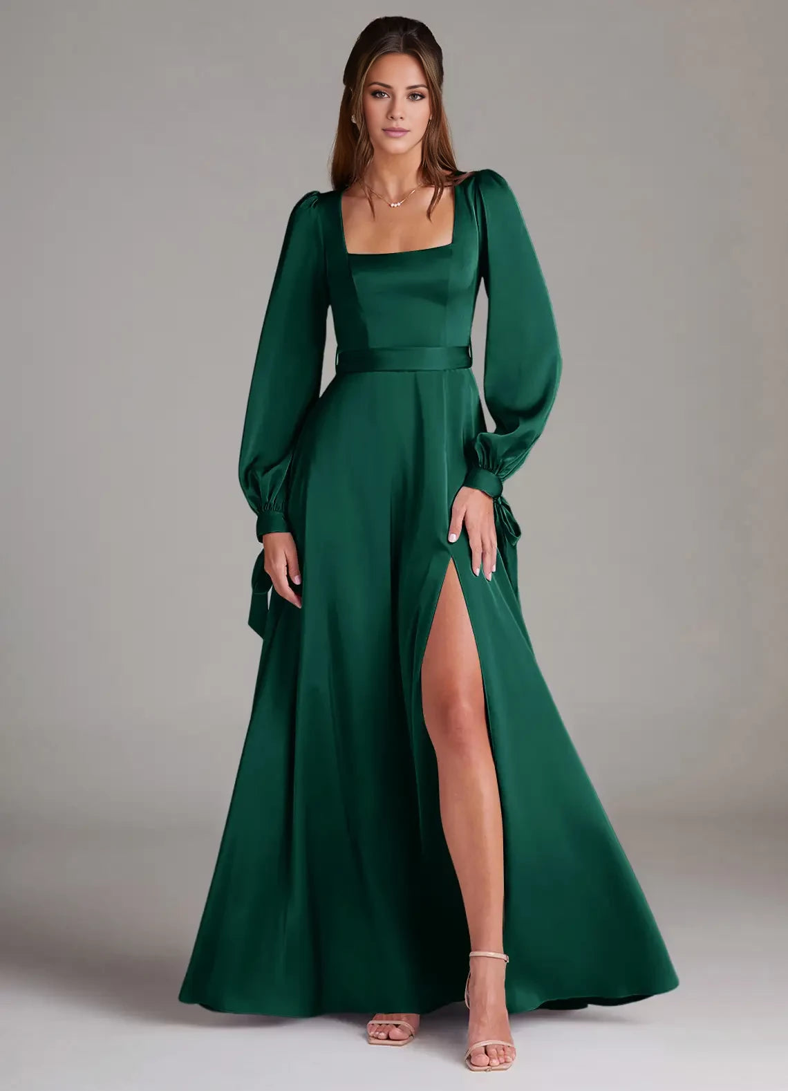 A-Line Square Neck Floor-Length Long Sleeve Satin Evening Dresses for female guests buy