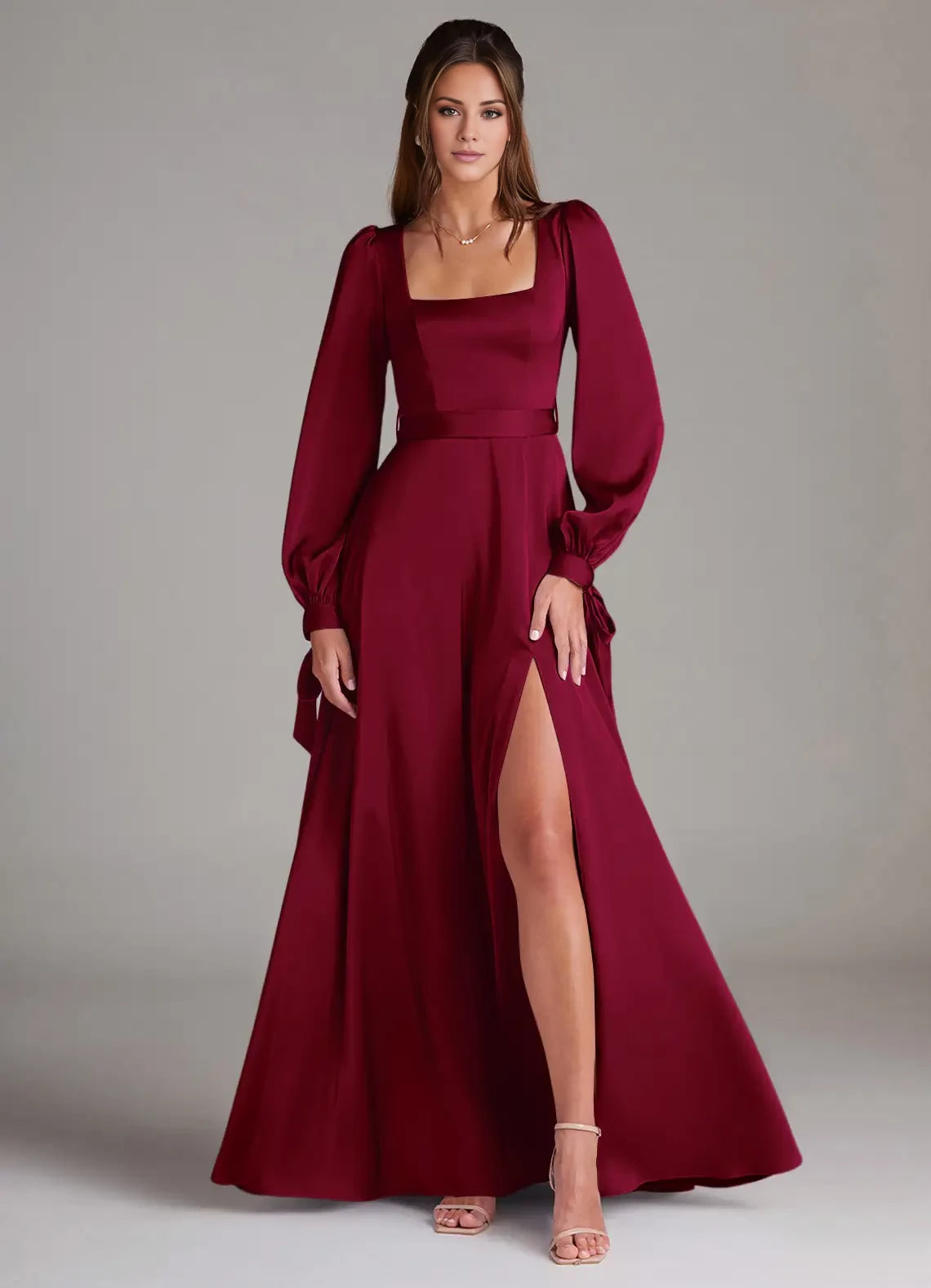 A-Line Square Neck Floor-Length Long Sleeve Satin Evening Dresses for female guests buy
