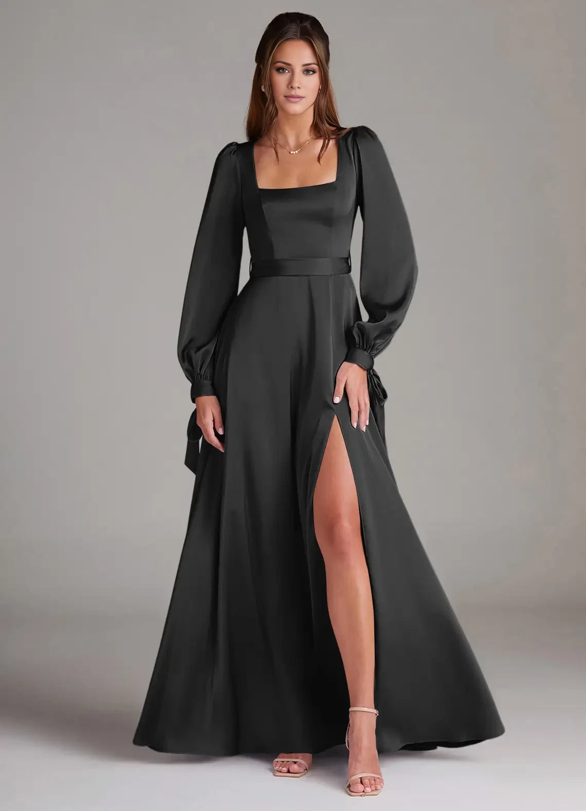 A-Line Square Neck Floor-Length Long Sleeve Satin Evening Dresses for female guests buy