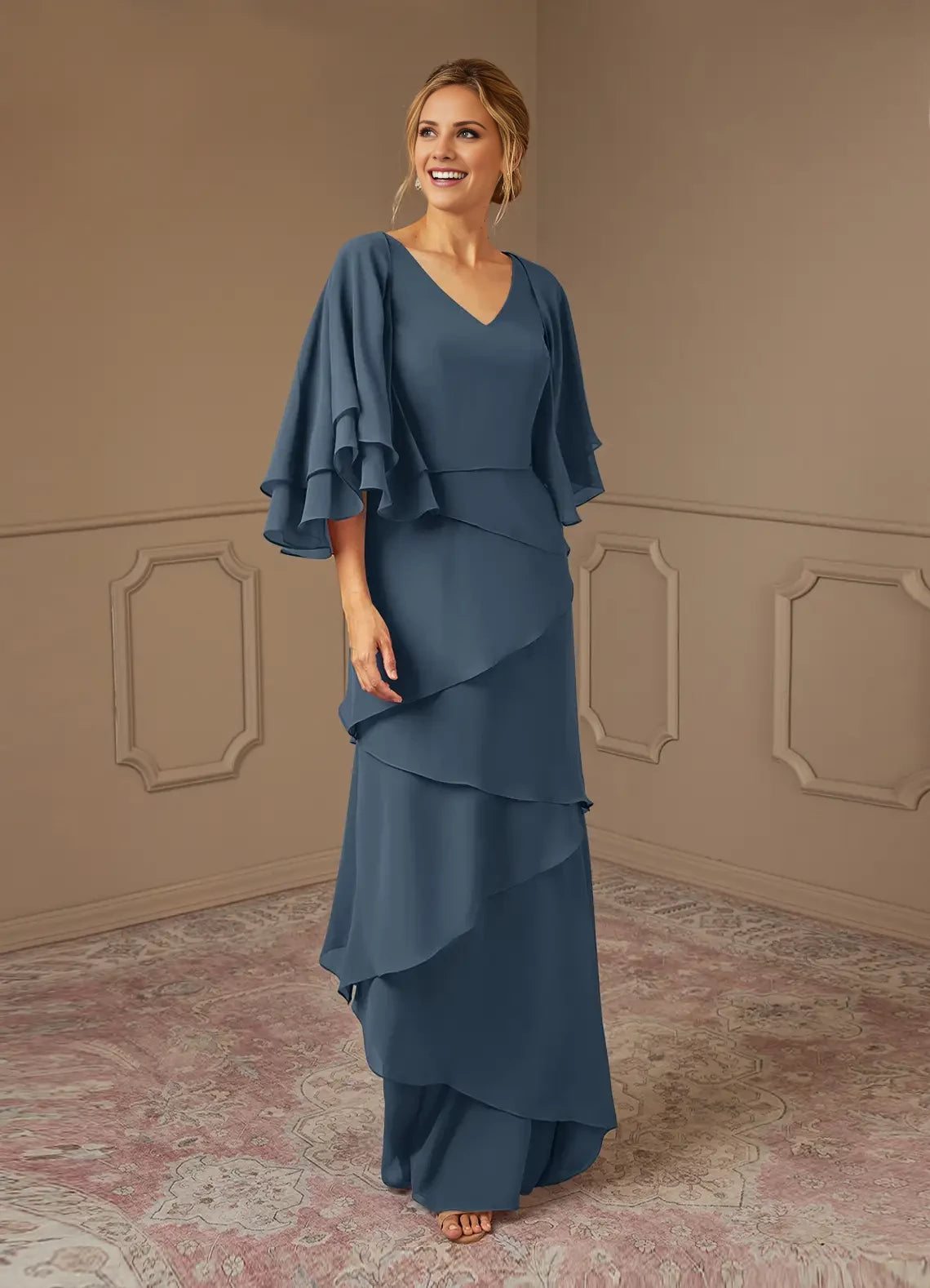 A-Line V-Neck Chiffon Ruffled Dress Mother of the Bride Dresses