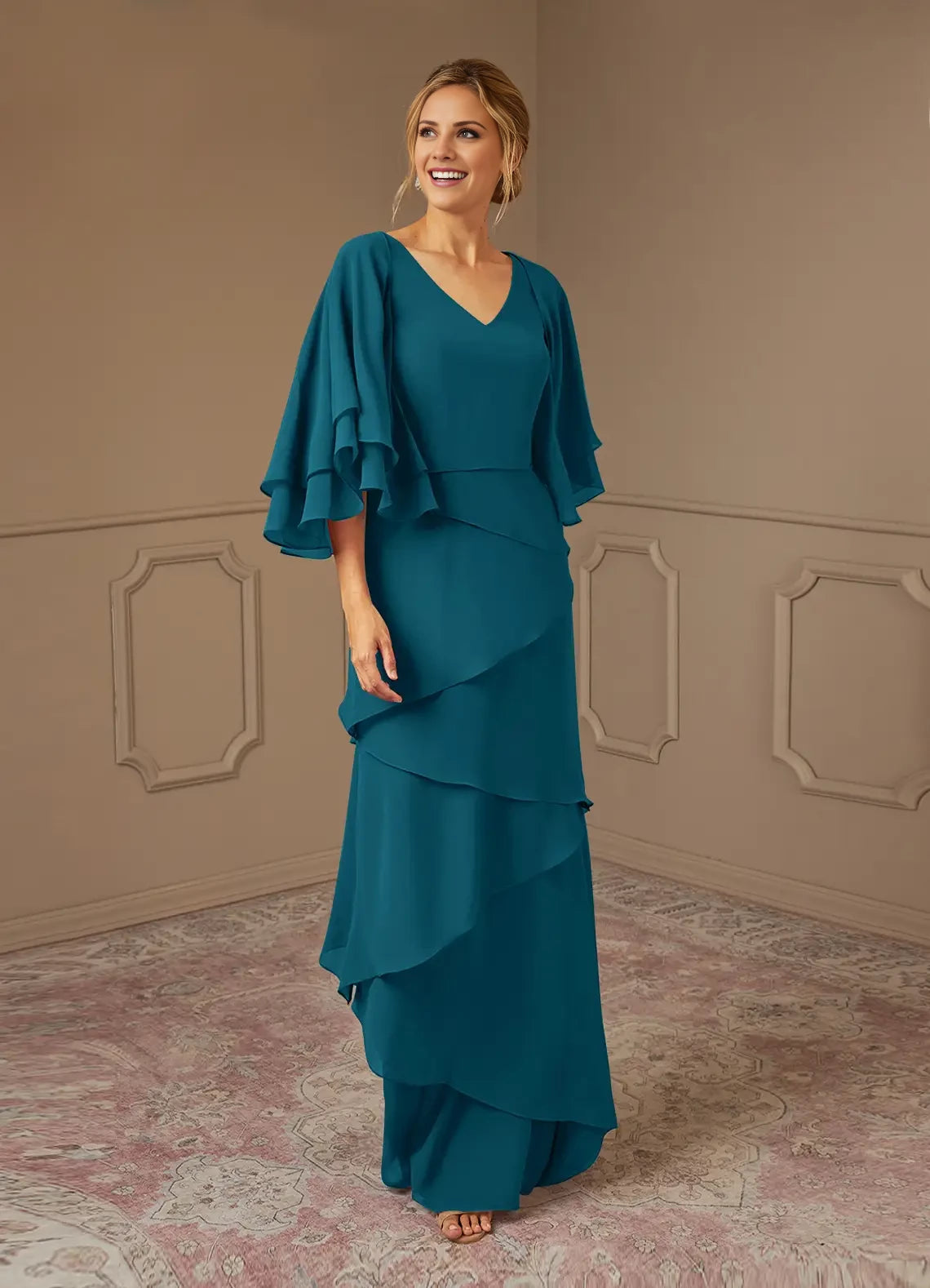 A-Line V-Neck Chiffon Ruffled Dress Mother of the Bride Dresses
