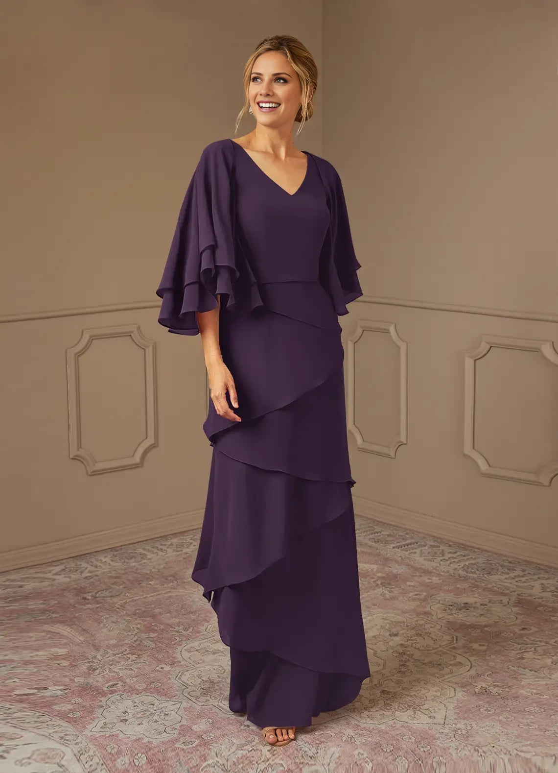 A-Line V-Neck Chiffon Ruffled Dress Mother of the Bride Dresses
