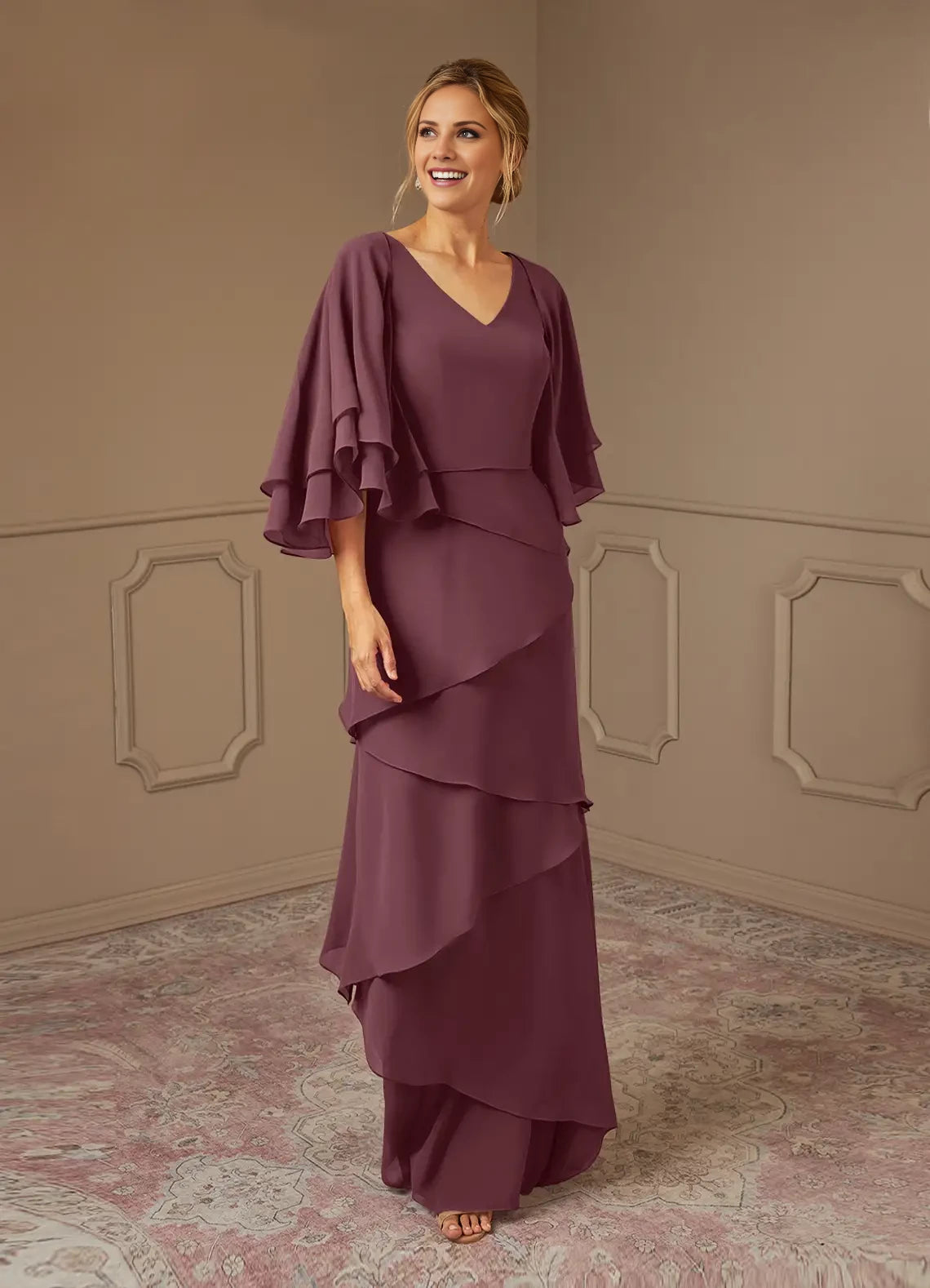 A-Line V-Neck Chiffon Ruffled Dress Mother of the Bride Dresses