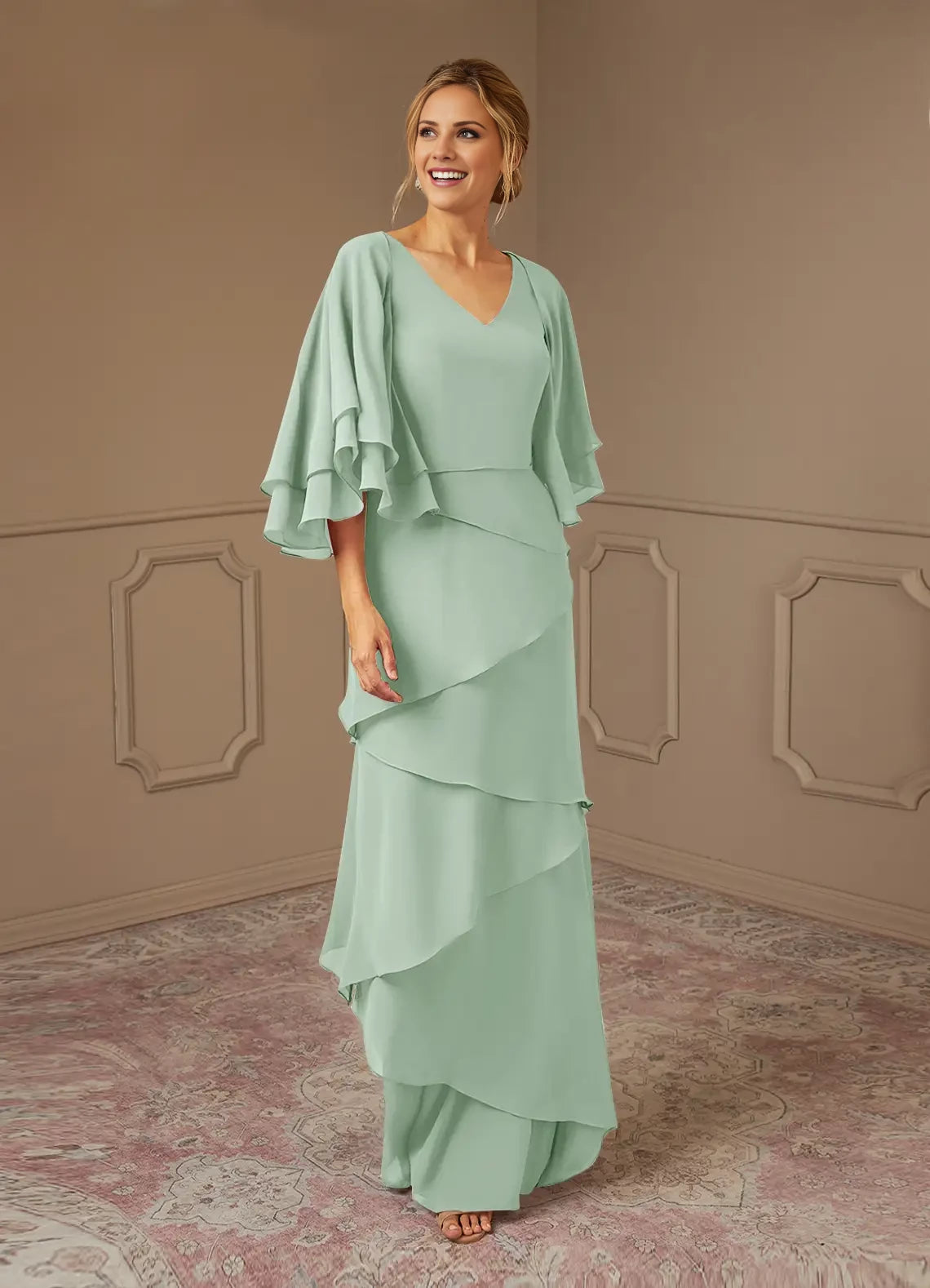 A-Line V-Neck Chiffon Ruffled Dress Mother of the Bride Dresses