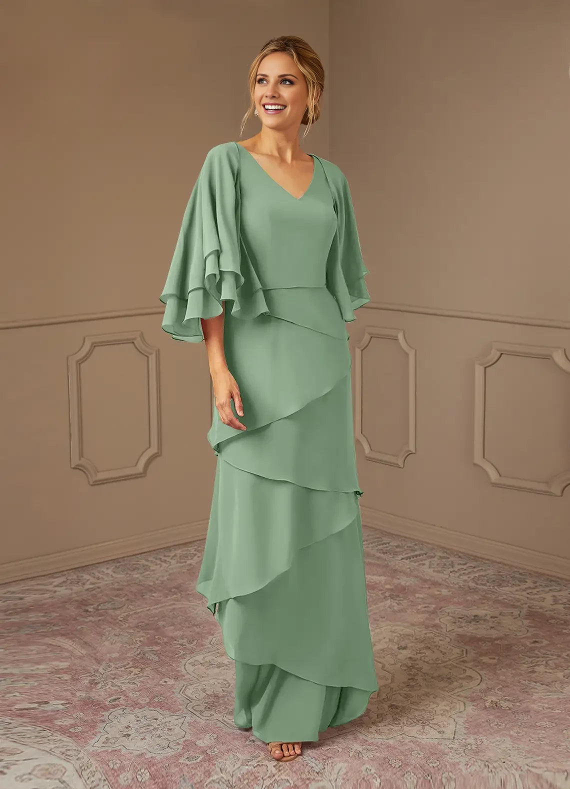 A-Line V-Neck Chiffon Ruffled Dress Mother of the Bride Dresses