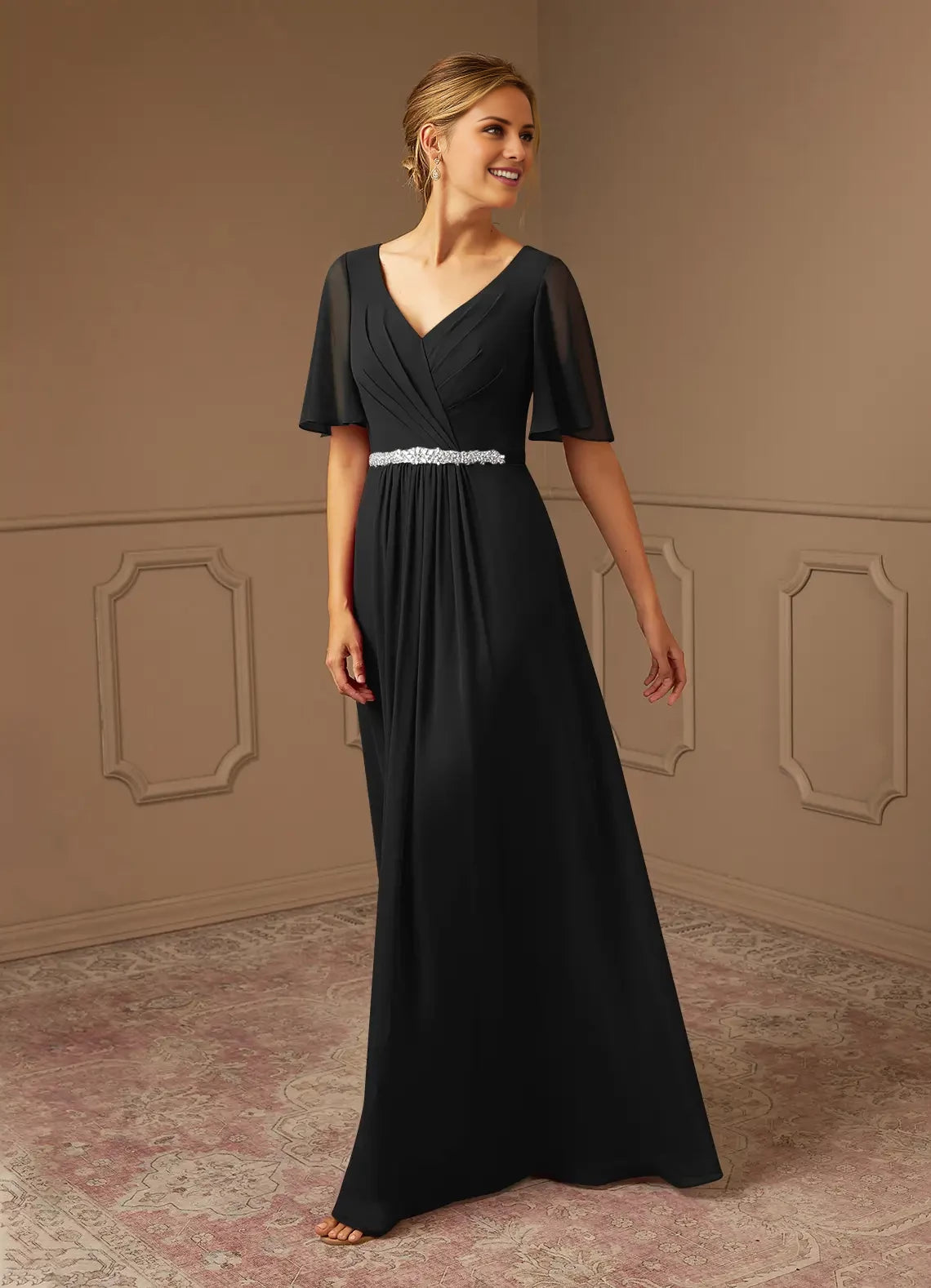 A-Line V-Neck Pleated Chiffon Dress Mother of the Bride Dresses