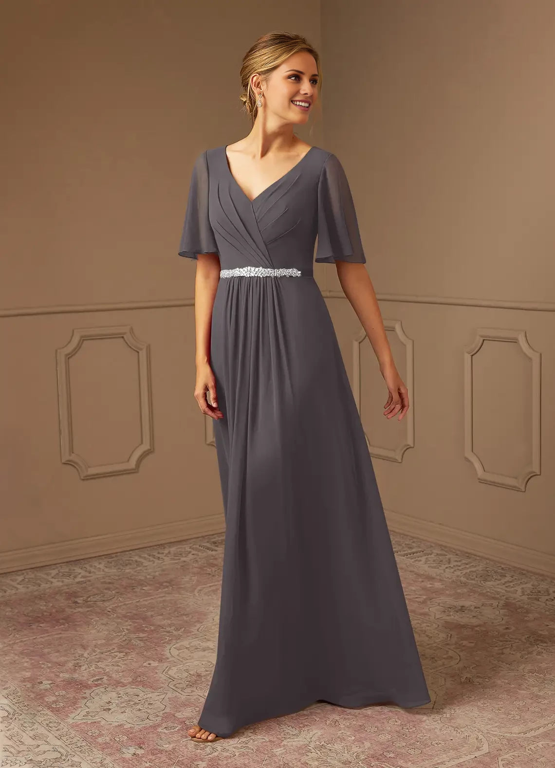 A-Line V-Neck Pleated Chiffon Dress Mother of the Bride Dresses