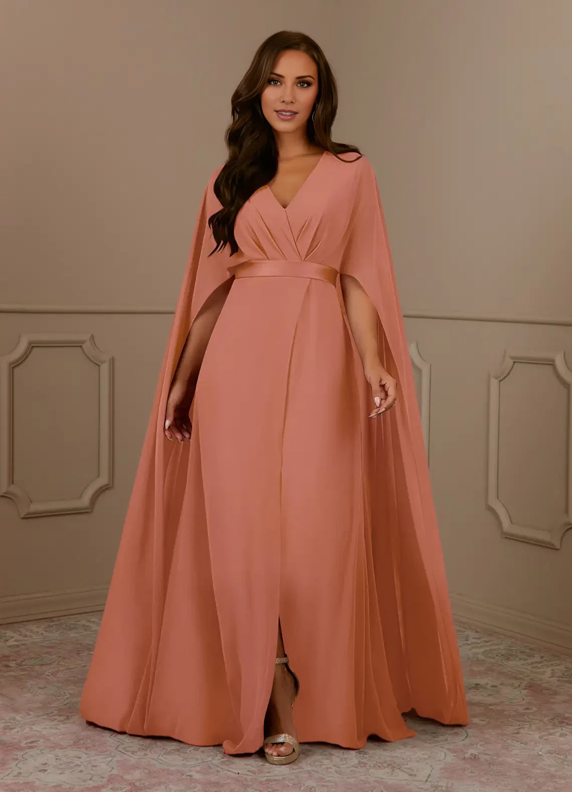 A-Line V-Neck Pleated Chiffon Wearing a cloak Dress Mother of the Bride Dresses