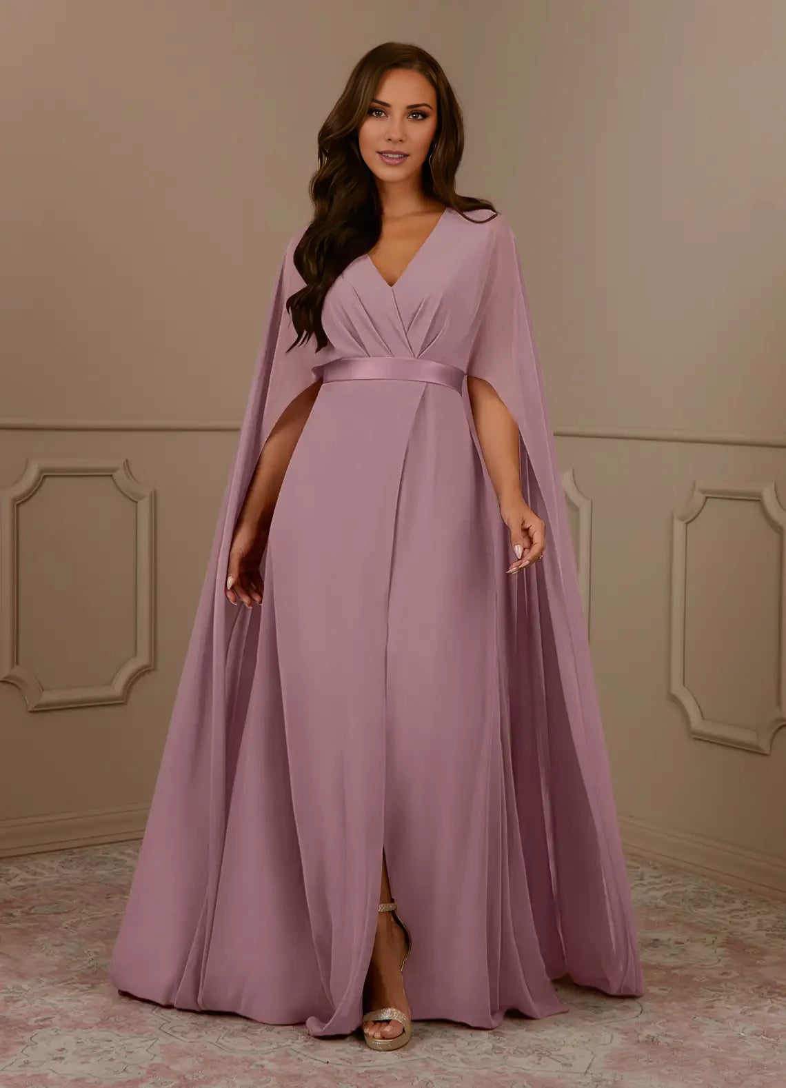 A-Line V-Neck Pleated Chiffon Wearing a cloak Dress Mother of the Bride Dresses