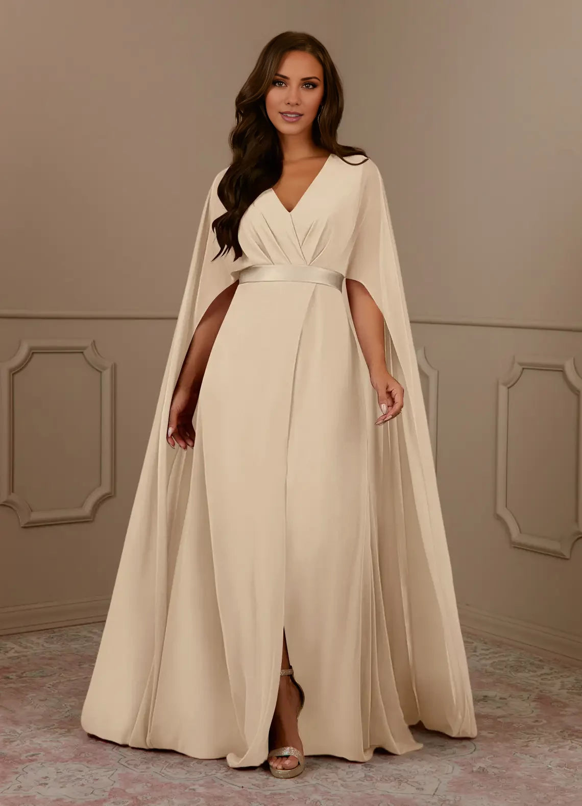 A-Line V-Neck Pleated Chiffon Wearing a cloak Dress Mother of the Bride Dresses