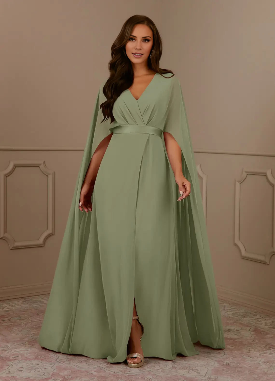 A-Line V-Neck Pleated Chiffon Wearing a cloak Dress Mother of the Bride Dresses