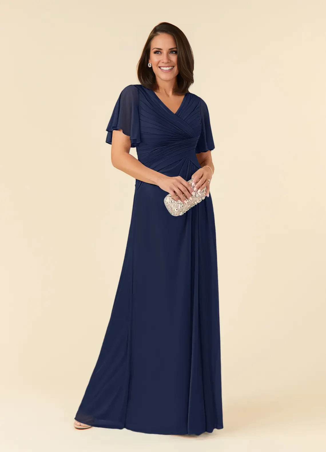 A-Line V-Neck Pleated Mesh Dress Mother of the Bride Dresses