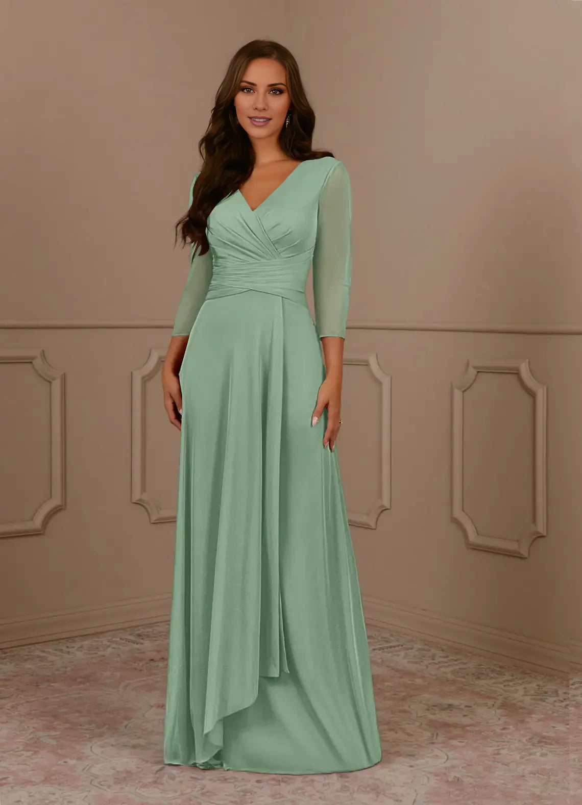 A-Line V-Neck Pleated Mesh Dress Mother of the Bride Dresses