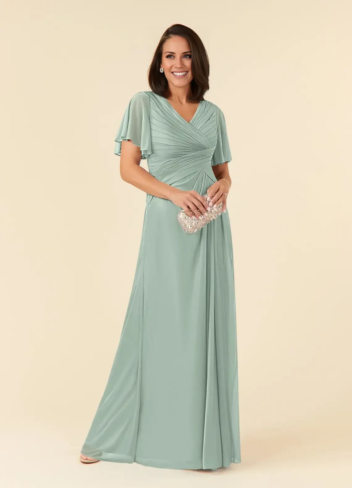 A-Line V-Neck Pleated Mesh Dress Mother of the Bride Dresses