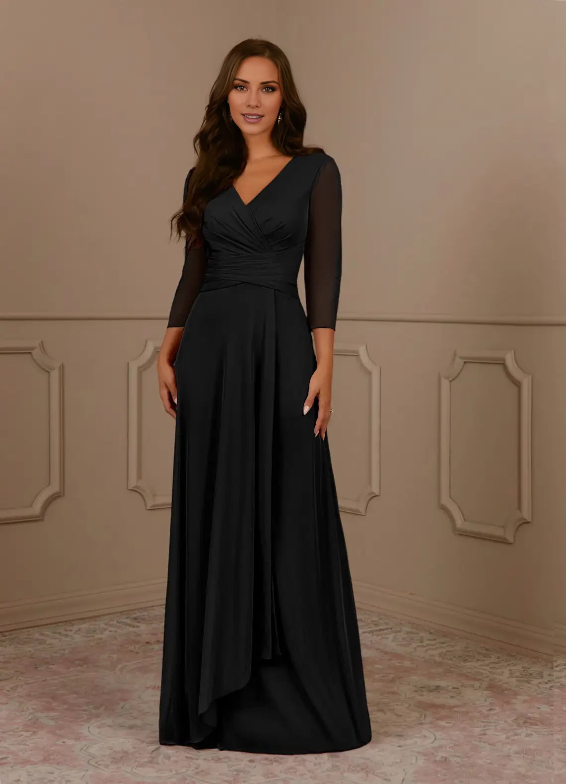 A-Line V-Neck Pleated Mesh Dress Mother of the Bride Dresses