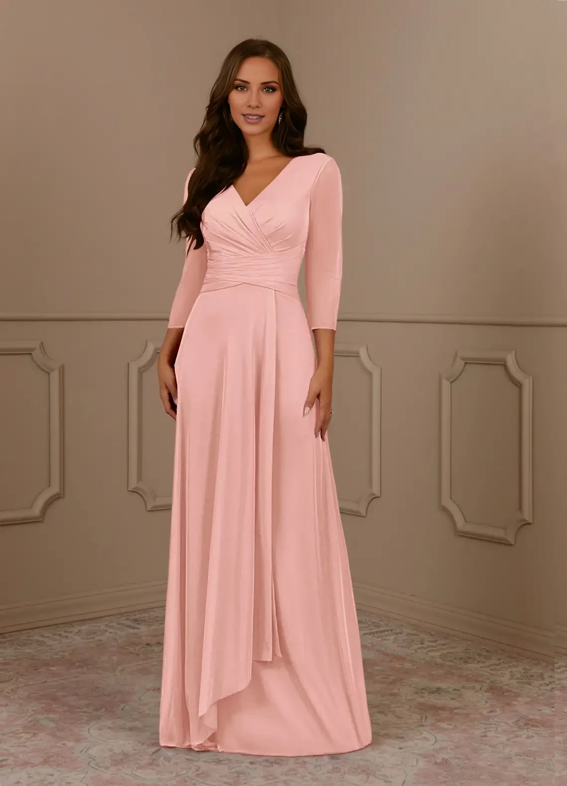 A-Line V-Neck Pleated Mesh Dress Mother of the Bride Dresses