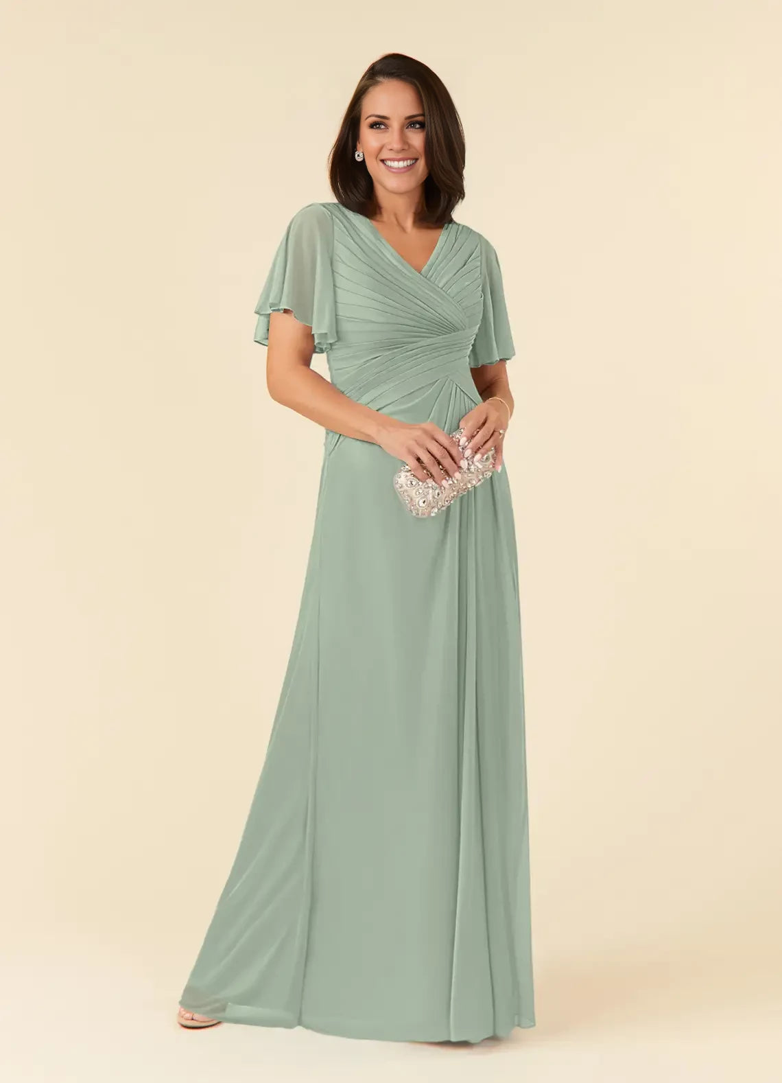 A-Line V-Neck Pleated Mesh Dress Mother of the Bride Dresses
