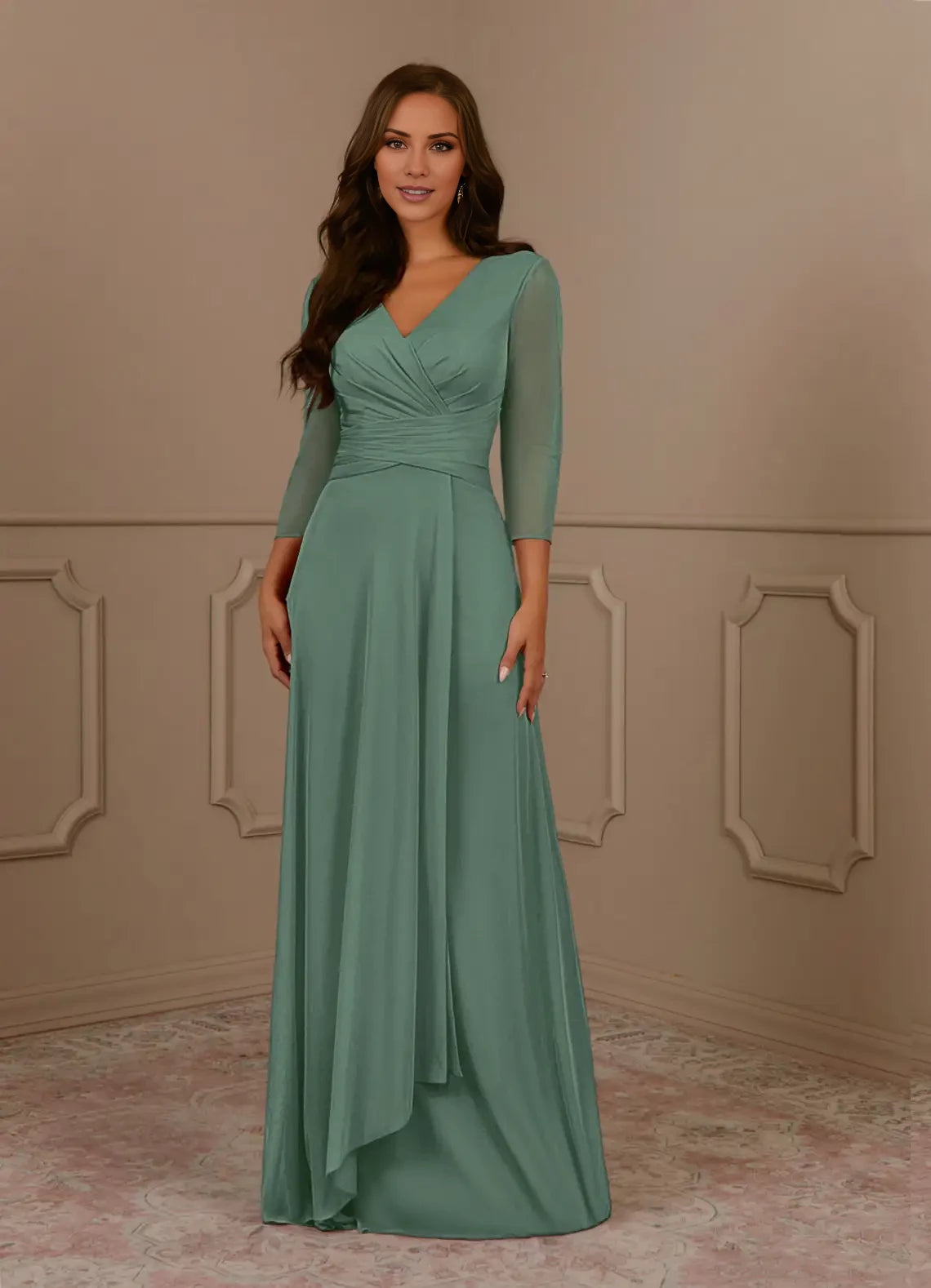 A-Line V-Neck Pleated Mesh Dress Mother of the Bride Dresses