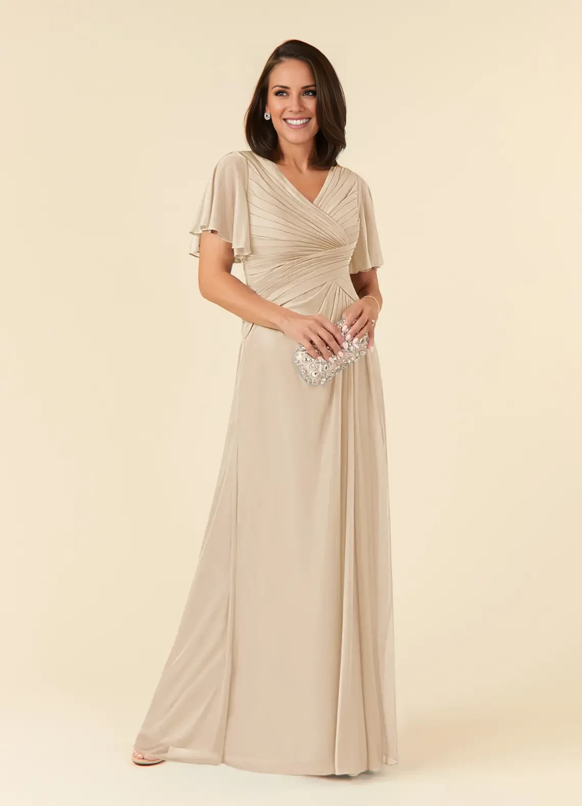 A-Line V-Neck Pleated Mesh Dress Mother of the Bride Dresses