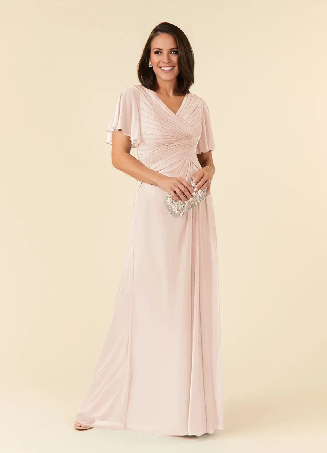 A-Line V-Neck Pleated Mesh Dress Mother of the Bride Dresses