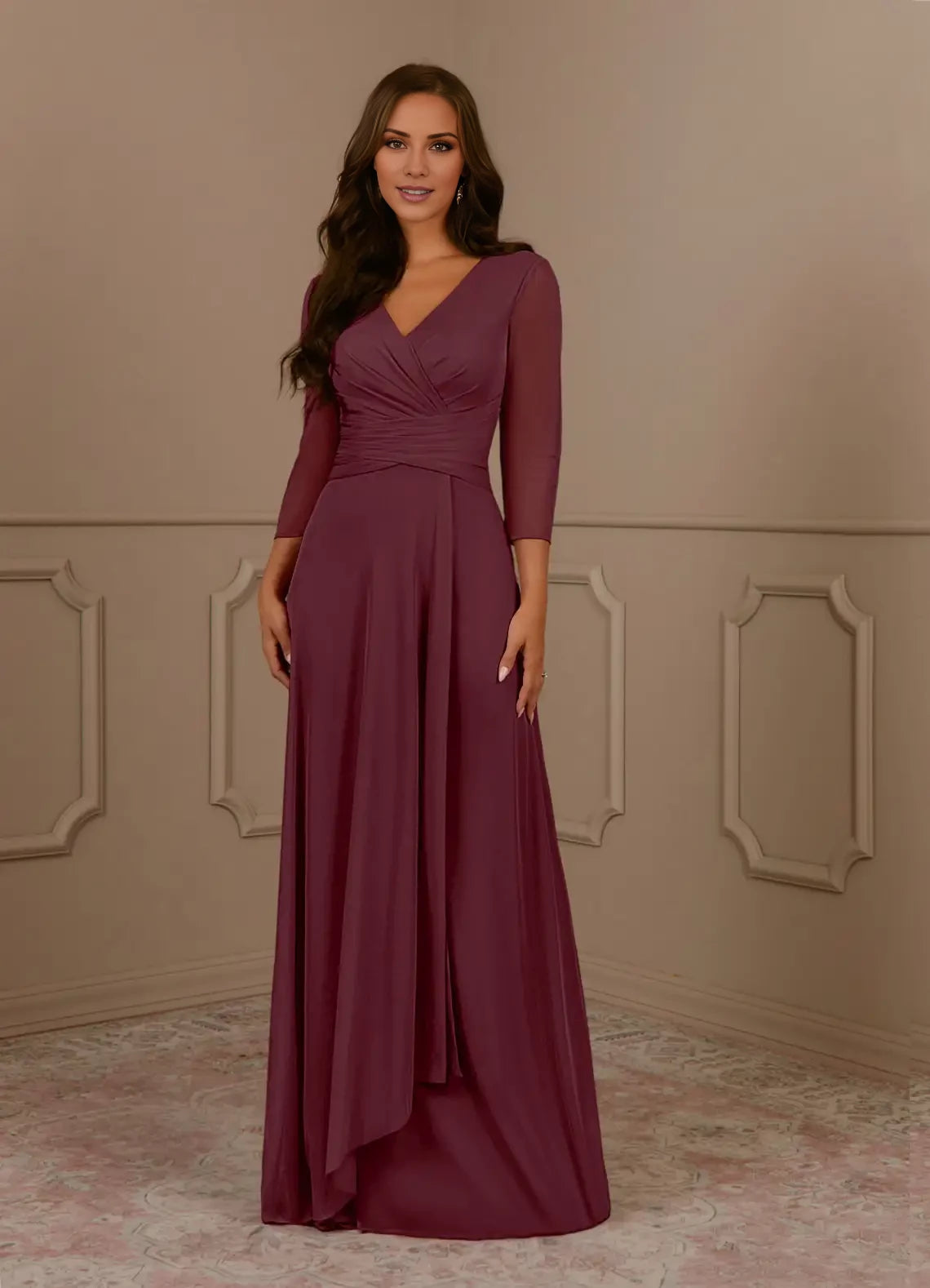 A-Line V-Neck Pleated Mesh Dress Mother of the Bride Dresses