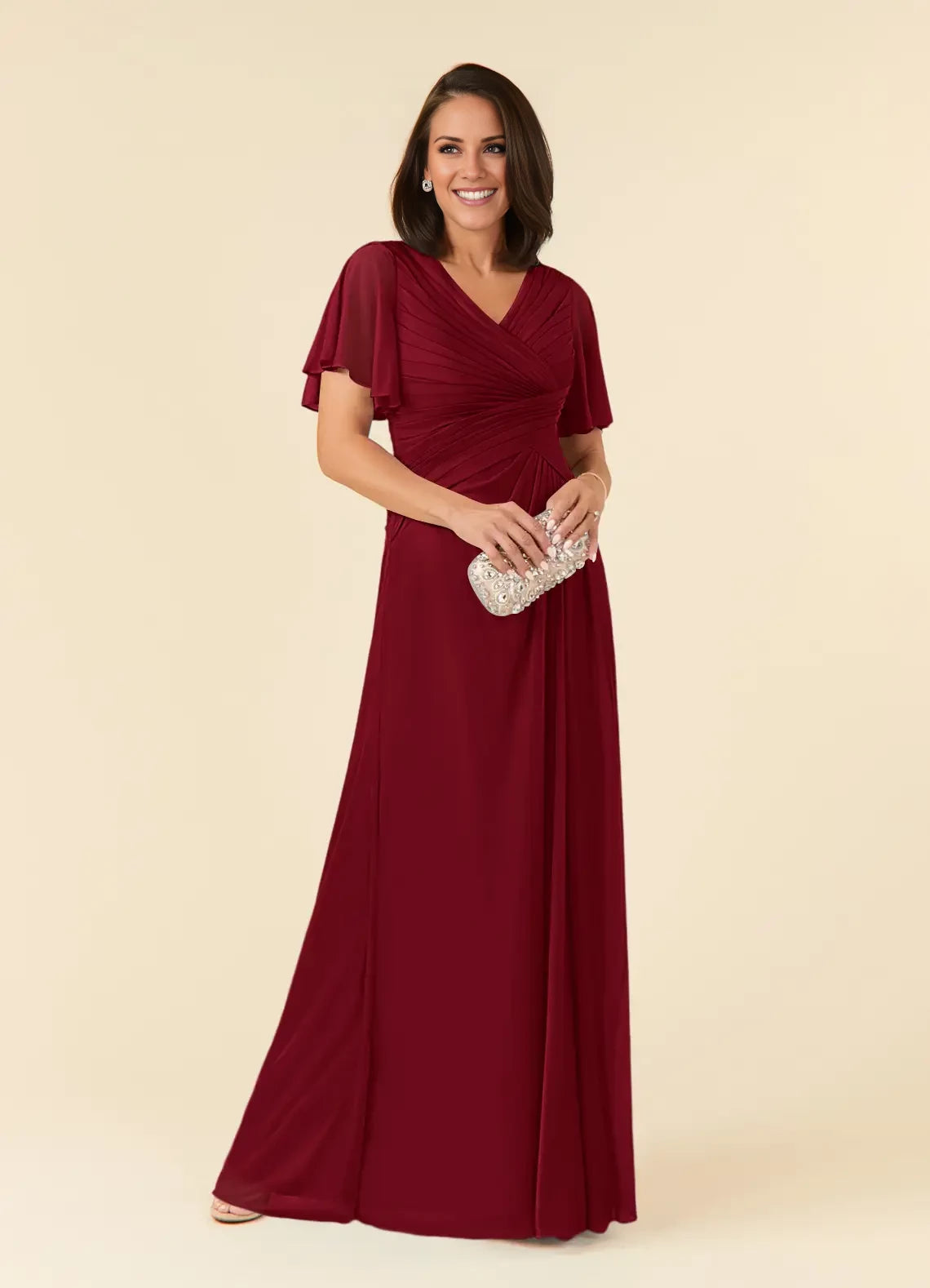 A-Line V-Neck Pleated Mesh Dress Mother of the Bride Dresses