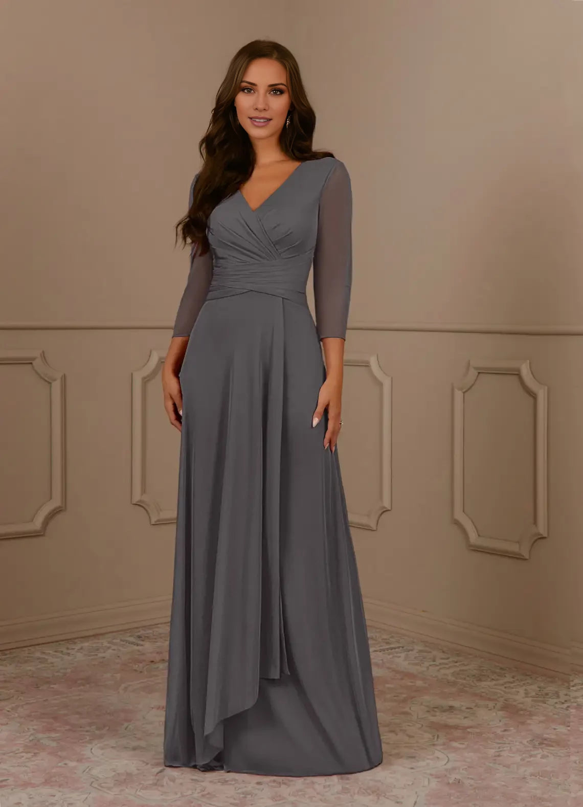 A-Line V-Neck Pleated Mesh Dress Mother of the Bride Dresses