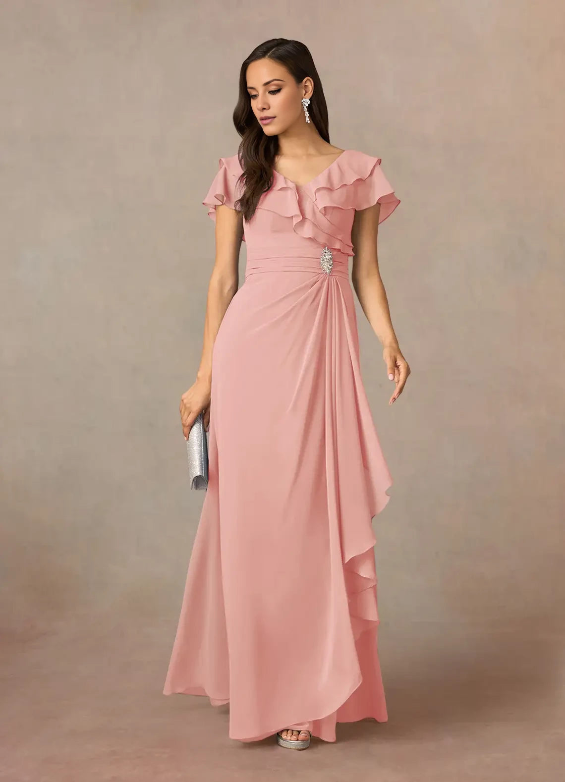 A-Line V-Neck Ruched Chiffon Dress Mother of the Bride Dresses With Beaded
